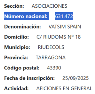Ficha de inscripción de VATSIM Spain en el Registro Nacional de Asociaciones